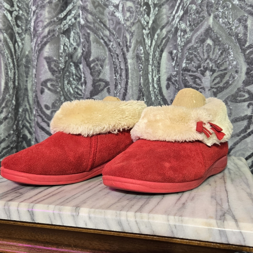 Cozy Red Suede Slippers with Cream Fur Lining